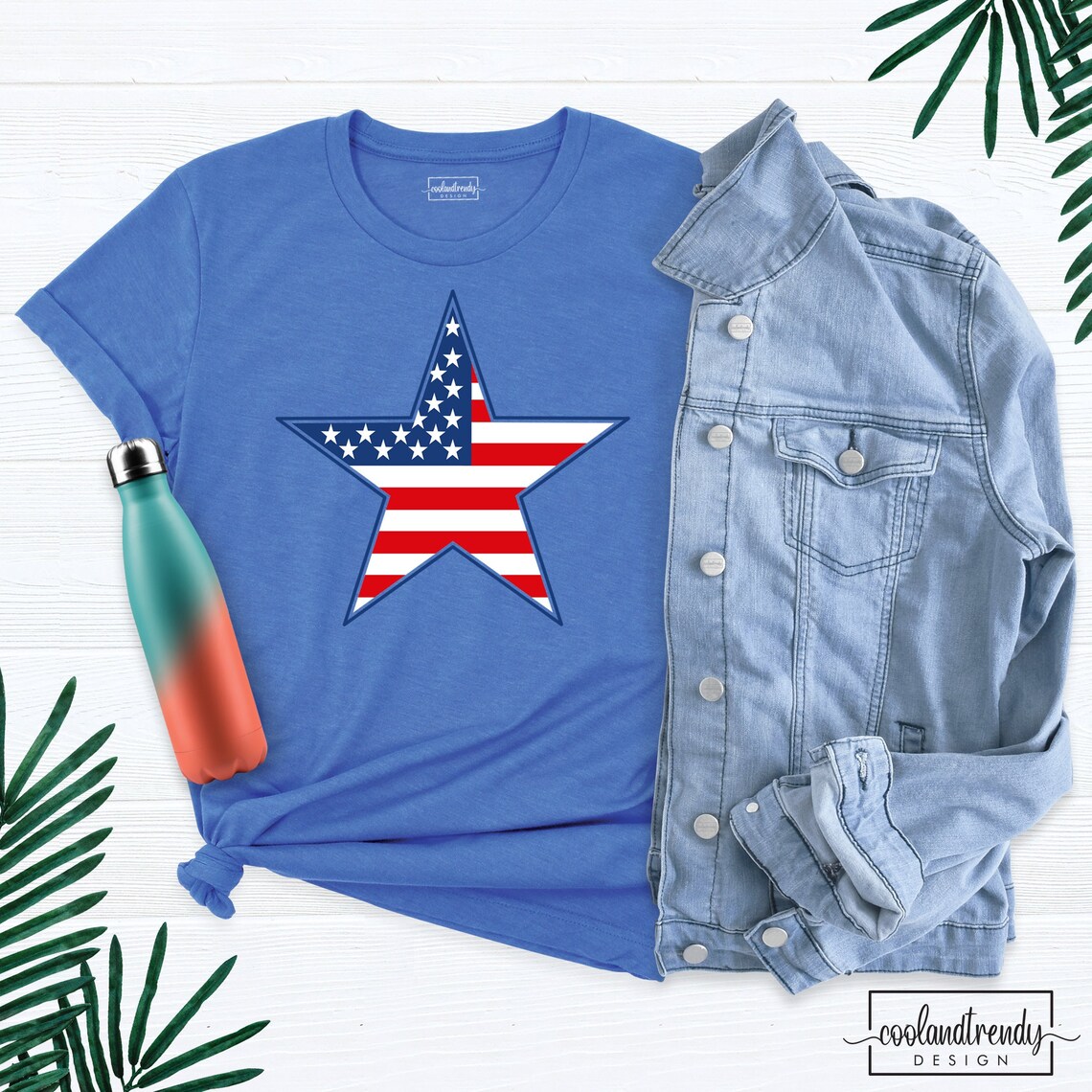 BiBi US Flag Theme Color Block Star Patch T-Shirt