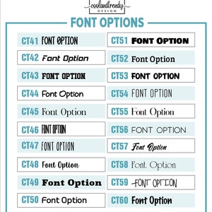 May include: A chart of 20 different font options for a design project. The font options are labeled CT41 through CT60. Each font option is displayed in a different style.