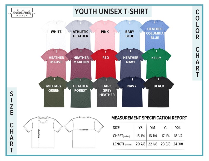 The image is a color chart for youth unisex t-shirts, displaying various color options and corresponding measurements.