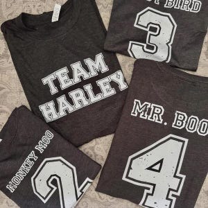 K&ouml;nnte beinhalten: Drei dunkelgraue T-Shirts mit wei&szlig;em Aufdruck aus Text und Zahlen. Ein Shirt zeigt TEAM HARLEY, ein weiteres MR. BOO mit der Zahl 4 und das dritte MONKEY MOO mit der Zahl 2. Der Text ist in einer blockartigen Varsity-Schriftart gehalten.