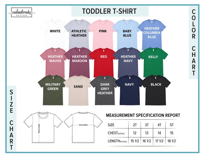 The image is a color chart for toddler t-shirts, displaying various color options and corresponding measurements.