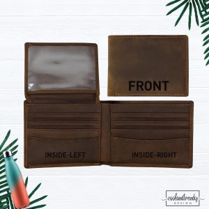 May include: A brown leather wallet, open to show the interior with card slots and a clear ID window. The front of the wallet has the word "FRONT" printed on it. The inside of the wallet is labeled "INSIDE-LEFT" and "INSIDE-RIGHT".