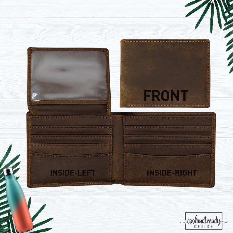 May include: A brown leather wallet, open to show the interior with card slots and a clear ID window. The front of the wallet has the word "FRONT" printed on it. The inside of the wallet is labeled "INSIDE-LEFT" and "INSIDE-RIGHT".
