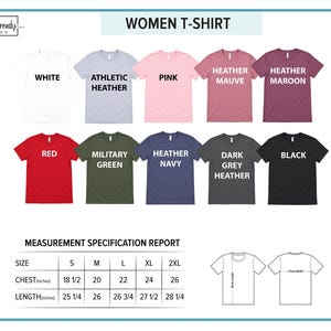 The image is a color chart for women's t-shirts, displaying various color options and corresponding sizes.