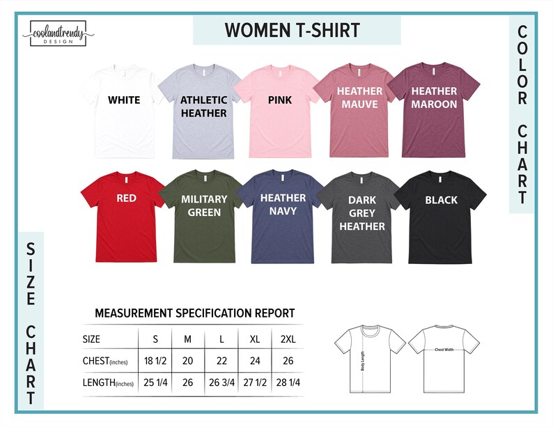 The image is a color chart for women's t-shirts, displaying various color options and corresponding sizes.
