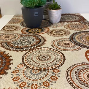 Table runner “Mandalas” in brown in ethnic style from half-panama