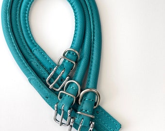 Teal Rolled Leather Dog Collar + Customized Tag Dog ID