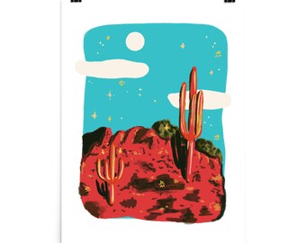 Desert Cactus Print, Illustrated Quality Matte Print. Framed version available. Western Print