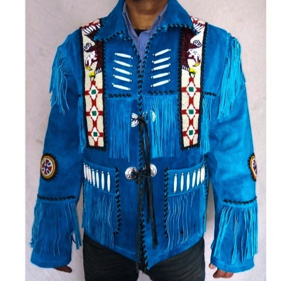 Men Fringed Leather Suede Jacket Eagle Beads Coat Native | Etsy