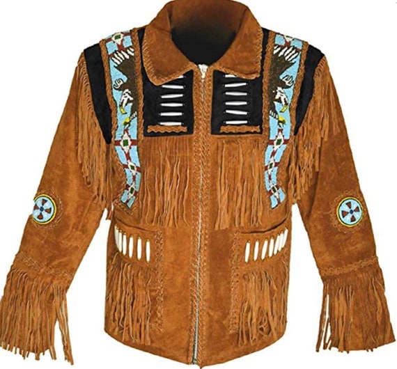 Men Fringe Suede Leather Jacket Tan Eagle Beads Coat Native | Etsy