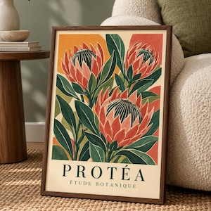 May include: A framed botanical art print featuring three large, stylised protea flowers in shades of coral and pink with dark green leaves. The background includes abstract orange and red shapes. The text reads PROTÉA ÉTUDE BOTANIQUE.