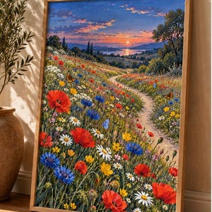 Può includere: Una stampa artistica da parete rettangolare incorniciata che raffigura un vivace paesaggio di prato al tramonto. La scena presenta un sentiero sterrato tortuoso circondato da papaveri rossi, fiordalisi blu, margherite bianche e fiori di campo gialli.