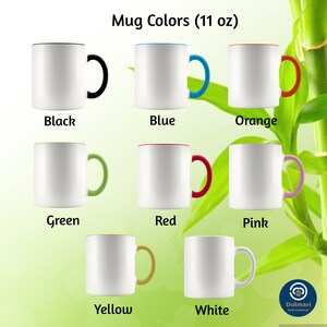 May include: A set of 11 ounce mugs with different colored rims and handles. The colors include black, blue, orange, green, red, pink, yellow, and white.