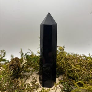 Könnte beinhalten: Ein hoher, schwarzer Obsidiankristall-Obelisk mit spitzer Spitze. Der polierte Stein reflektiert das Licht und ist von grünem und braunem Moos umgeben.
