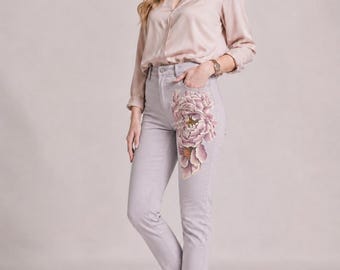 Hand Painted Peony Jeans | Custom Denim for Women | Personalized Floral Jeans | Daisy & Peony Art | Unique Gift for Her