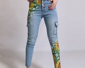 Woman denim handpainted custom pants with sunflower birthday gift jeans personnalisée personalised gift for her