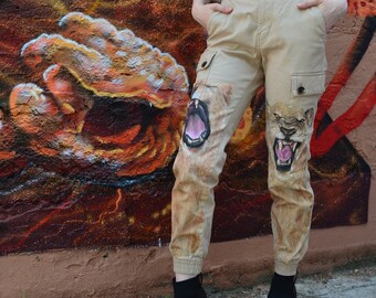 Custom hand painted pants for Woman - SAFARI lion style. Birthday gift/ Personalized pants / personalized gift / gift for her