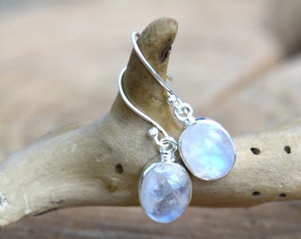May include: A pair of silver dangle earrings with oval-shaped moonstone gemstones. The earrings have a simple design and are perfect for everyday wear.