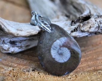 May include: A brown and white ammonite fossil pendant with a silver bail. The pendant is on a wooden surface.