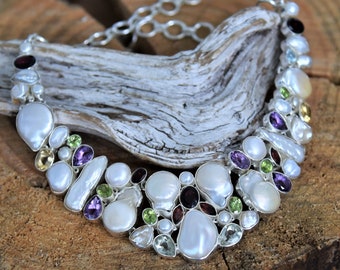 Sterling Silver Pearl and Multi Gem Necklace