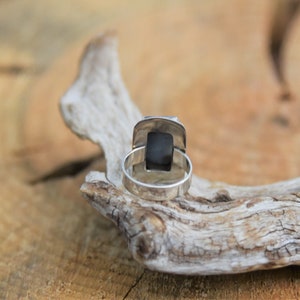 May include: A silver ring with a black stone set in a square bezel. The ring is on a piece of driftwood.