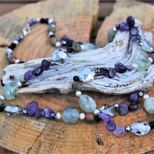 Prehnit, Perle, Epidot, Unakit & Amethyst Perlenkette