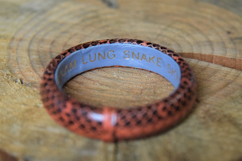 Puede incluir: Un brazalete de piel de serpiente marr&oacute;n y naranja con un interior azul. El brazalete est&aacute; grabado con el texto "ARM LUNG SNAKE SK".