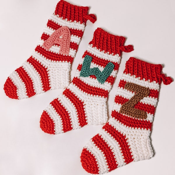 Large Hand Crocheted Traditional Stripey Christmas Stocking - customisable colours & initial