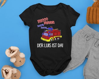 Organic Baby Strampler mit Feuerwehrauto und Namen / Geschenk zur Geburt / Name personalisierbar / Babybody zur Geburt und Geburtstag