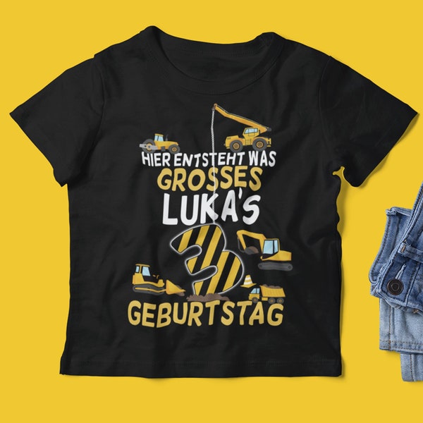 Geburtstags T-Shirt mit Baustellenfahrzeugen für Jungs & Mädchen / Personalisierbar Name + Alter / Individuelles Geburtstagsgeschenk