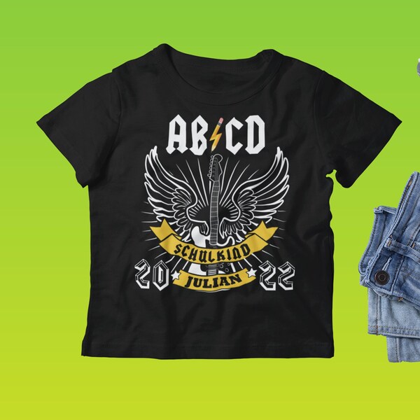 Camiseta infantil ABCD Rockstar con nombre para la inscripción escolar de niños y niñas. Regalo personalizado para 2025.