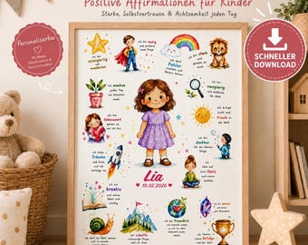 Personalized Affirmation Poster for Kids (Digital) | Instant Download for Printing | Children's Room Poster with Name | Gift for Birth or Christening
