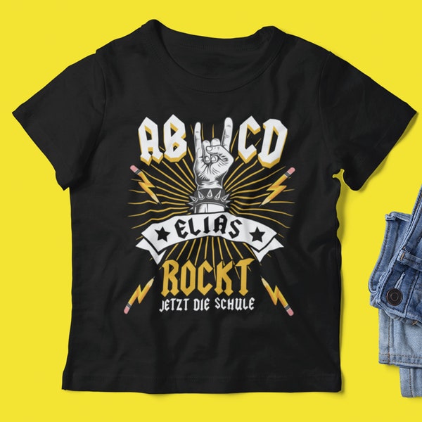 Kinder ABCD Rockstar T-Shirt Schulkind mit Namen zur Einschulung für Jungs und Mädchen / Geschenk 2024 personalisiert / Einschulungsshirt