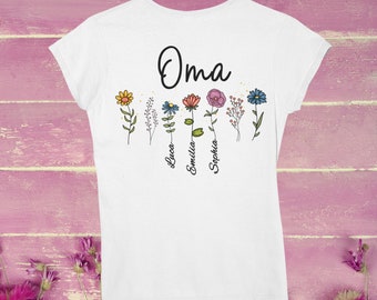 Oma T-Shirt || Muttertag Geschenk || mit Wildblumen || Personalisierbar mit Namen der Enkelkinder