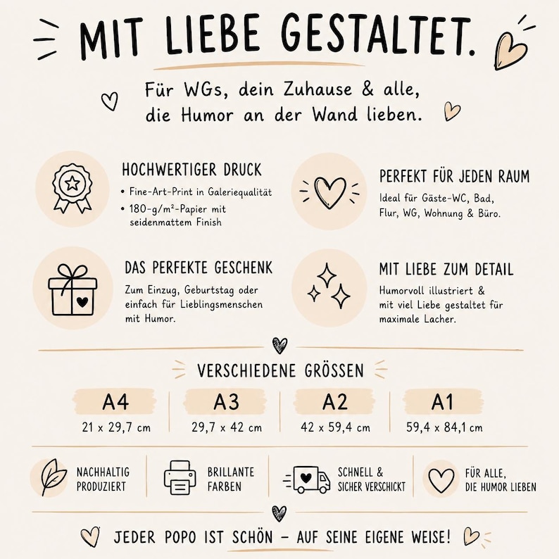 May include: An informational graphic with black text and icons on a light beige background. It details fine-art prints on 180 g/m2 paper with a matte finish, available in A4, A3, A2, and A1 sizes. The text includes German phrases like MIT LIEBE GESTALTET.