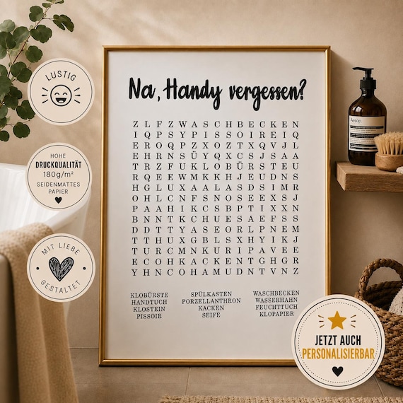 Na, Handy vergessen? Lustiges WC Poster | Personalisierbar | Wortsuchspiel Badezimmer | Gäste WC Deko | Klo Wandbild | Badezimmer Bild