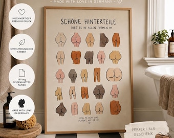Funny butt poster for bathrooms & guest toilets | Beautiful behinds come in all shapes and sizes | Humorous toilet decor