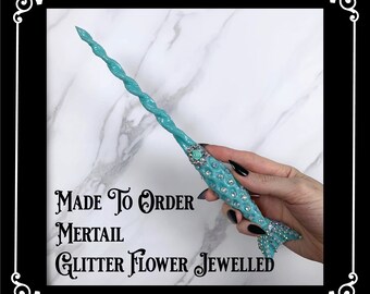 MADE TO ORDER: Glitter Flower Jewelled, Mertail Design, Handmade Magic Wand