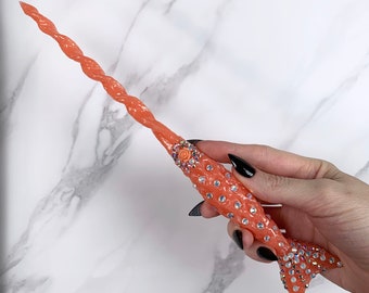 Coral Pastel, with Glitter and Jewels, Mertail Design, Handmade Magic Wand