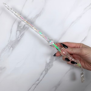 Translucent Iridescent, with Raw Quartz Pendant, Stiletto Design, Handmade Magic Wand