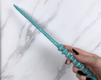 Teal Pastel, with Glitter and Jewels, Orbit Design, Handmade Magic Wand
