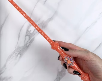 Coral Pastel, with Glitter and Jewels, Stiletto Design, Handmade Magic Wand