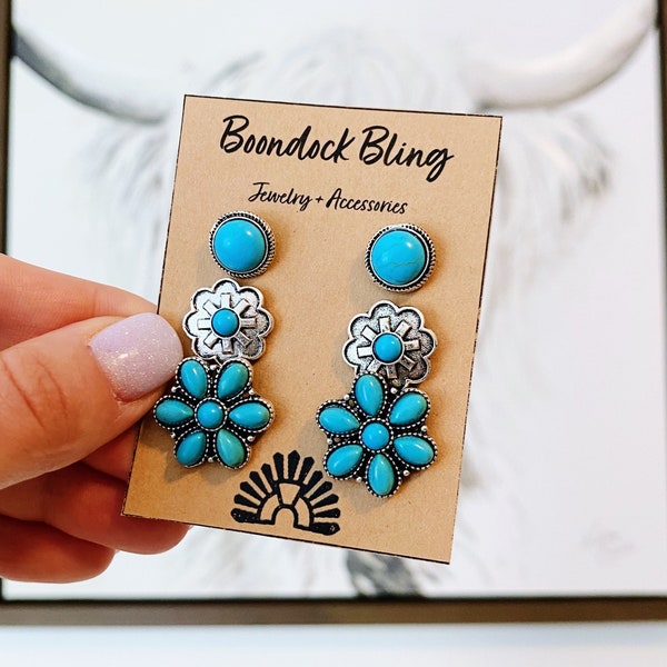 TURQUOISE FLOWER EARRINGS | Western jewelry earring pack, rodeo punchy jewelry, western gift