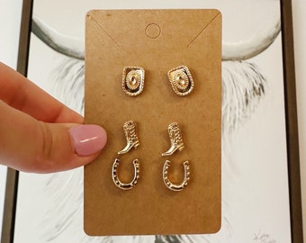 GOLD WESTERN EARRINGS 3-pack | Gold minimalistic boot jewelry, howdy rodeo nashville punchy Southwestern Jewelry Western