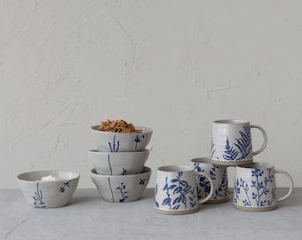 16oz - Hand Stamped Stoneware Mug with Botanicals - 4 Styles