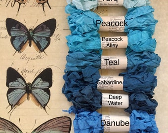 ASST TEAL - Rayon Crinkle Ribbon Binding - Shades of TEAL - 5 yards each individually wrapped 80+ Colors