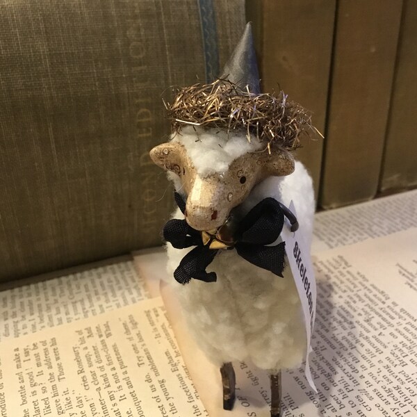 Medium German Style Putz Sheep with Hat w/Tinsel - “Skeleton Crew”