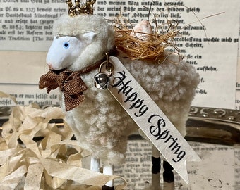 HAPPY SPRING - Tiny Sheep - Gold Crown with Greeting, Nest with Handpainted Spun Cotton Egg, Tiny Bell and Crinkle Ribbon