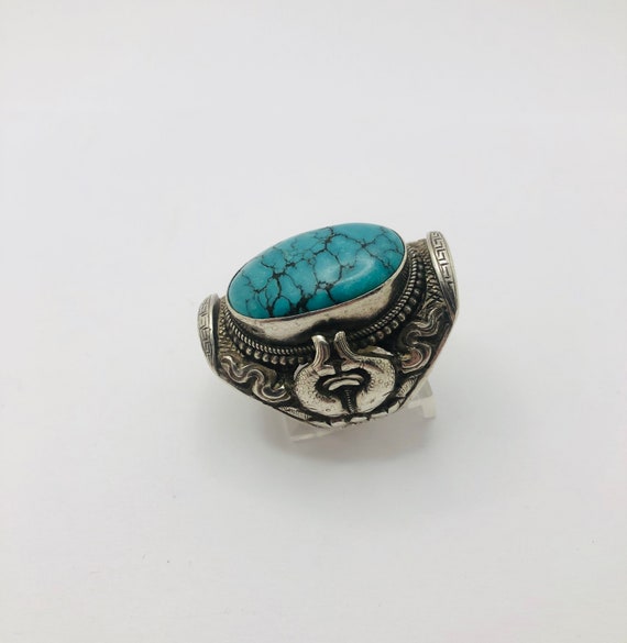 Vintage Sterling Silver Spiderweb Turquoise Ring - image 2