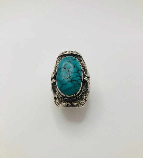 Vintage Sterling Silver Spiderweb Turquoise Ring - image 1